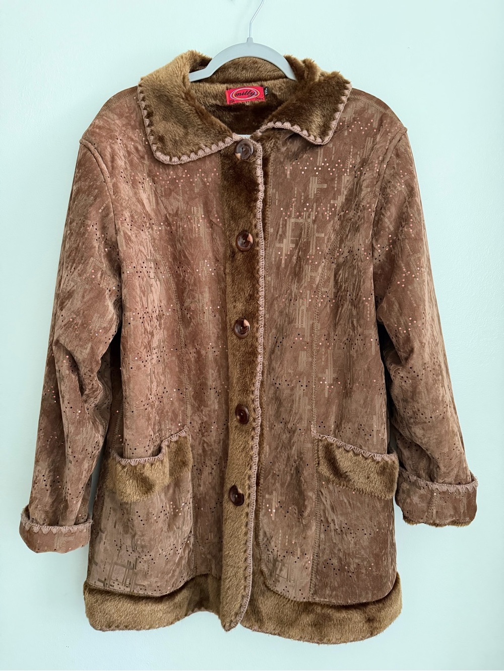 Vtg MILLY Jeans Sherpa Embellished Faux Fur Coat - Women’s Size XXL - Brown